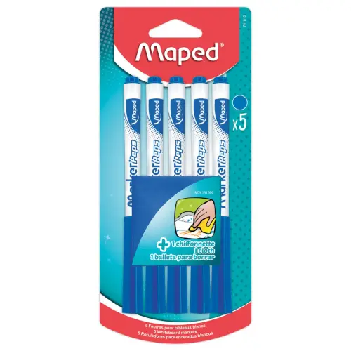 5 feutres effaçables à sec MARKER'PEPS bleus + 1 chiffonnette