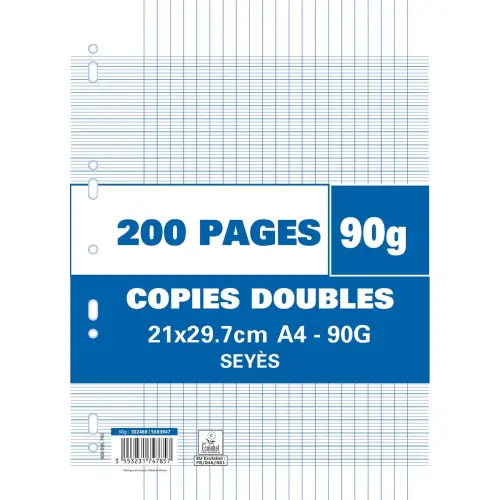 Sachet de 200 pages copies doubles grand format A4 grands carreaux Seyès 90g perforées