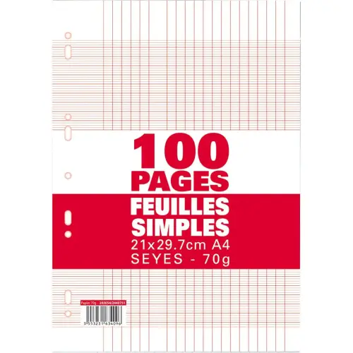 Sachet de 100 pages copies simples grand format A4 grands carreaux Seyès 70g perforées