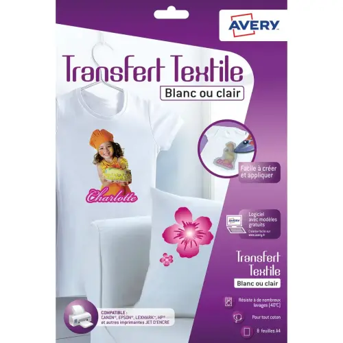 AVERY Boîte de 8 feuilles transferts pour tee-shirt Blanc ou clair